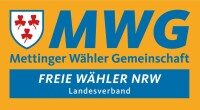Das Logo der Mettinger Wähler Gemeinschaft. Blauer Schriftzug auf orange-gelben Hintergrund: 